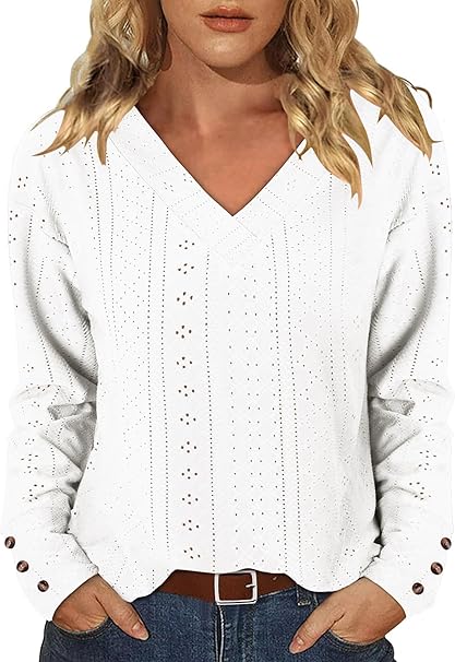 KISSMODA Long Sleeve Fall Shirts For Women V Neck Tunic Tops Embroidered Button Down Knitted Blouses 2025