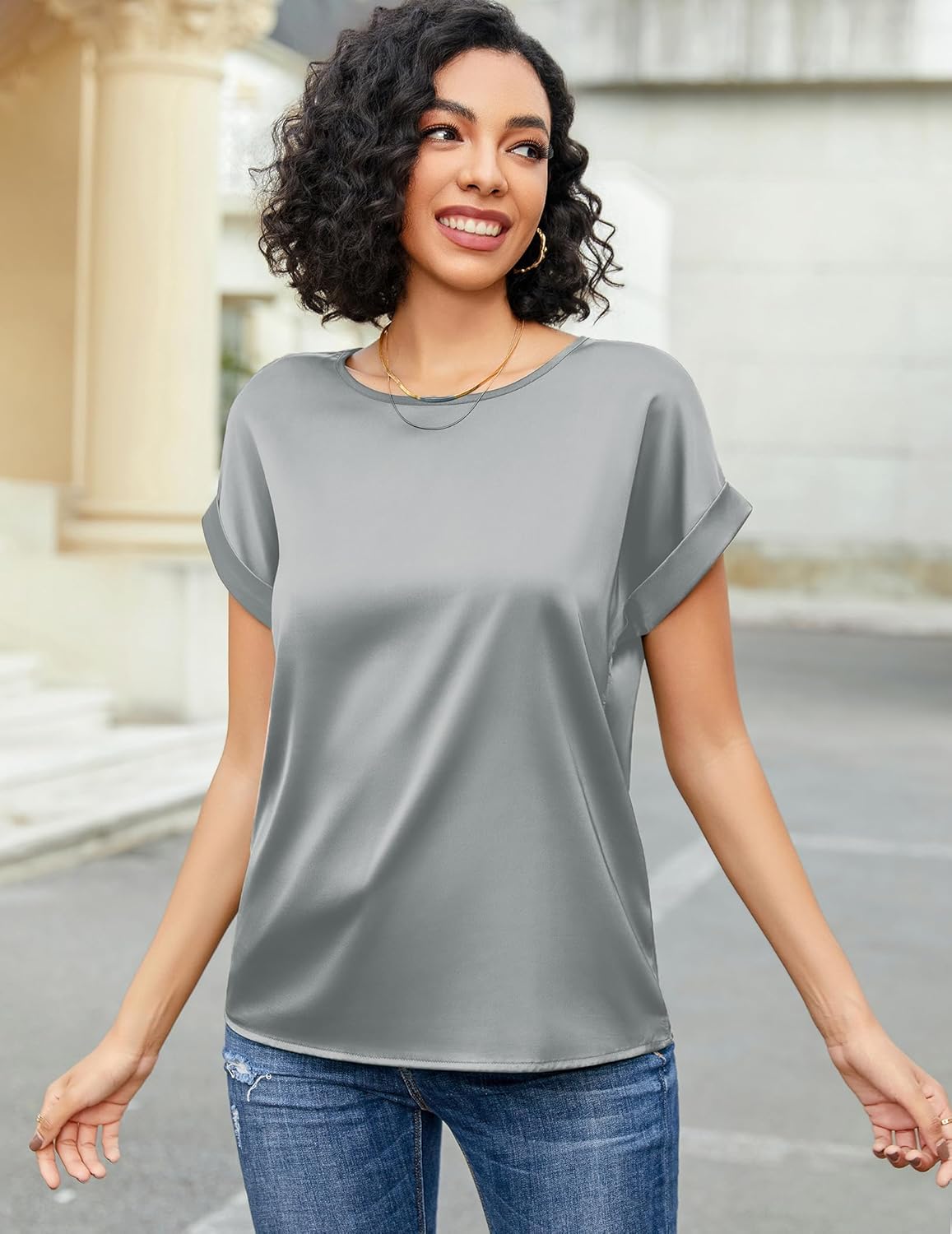 HOTOUCH Women's Short Sleeve Pullover Blouses Satin Silk Shirts Casual Loose Work Tunic Tops - Image 3