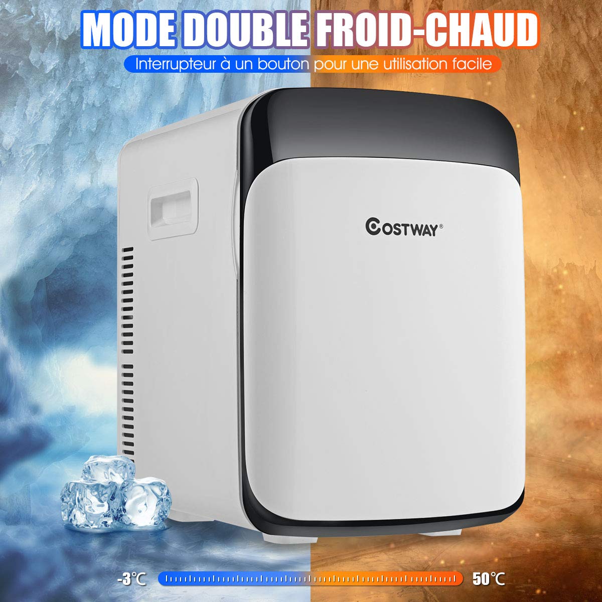 COSTWAY Mini Frigo 15L Mini Réfrigérateur 2 en 1 Fonction de Refroidissement et de Chauffage, Température -3 ℃ ~ 50 ℃, Frigo Portable 76 KWh/an pour Maison/Voiture (Blanc)