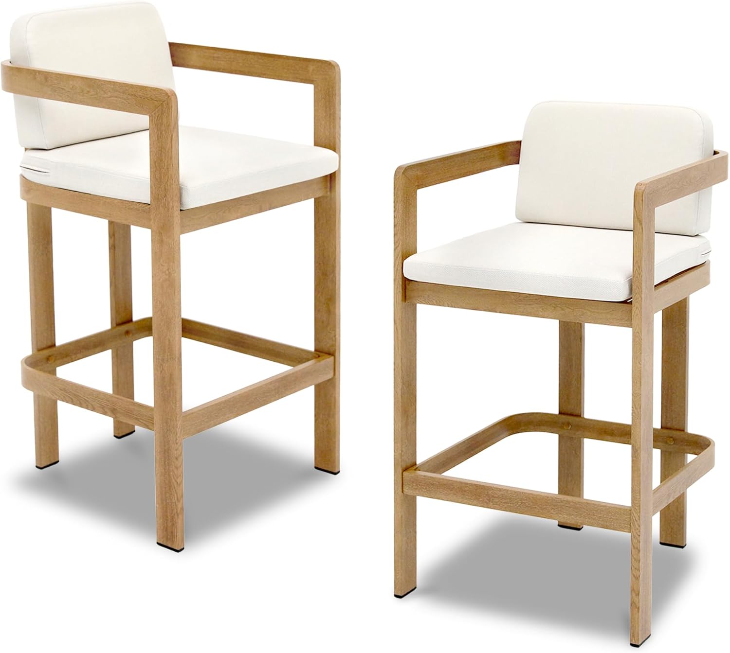 Outdoor Bar Stools Set of 2, Wood Grain Modern Counter Height Bar Stools Aluminum Bar Chairs Patio Bar Stool with Cushion for Kitchen, Island, Patio, Outdoor and Indoor