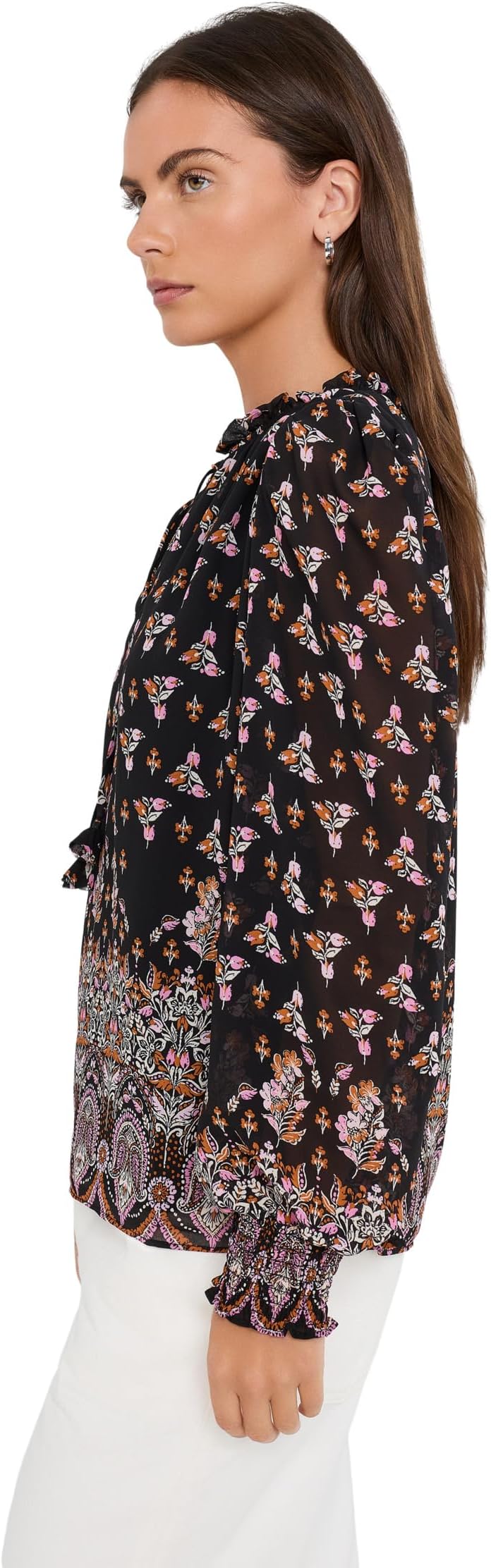 Женская блузка CeCe Smocked Cuff Ruffle, цвет: Чёрный — фото 5