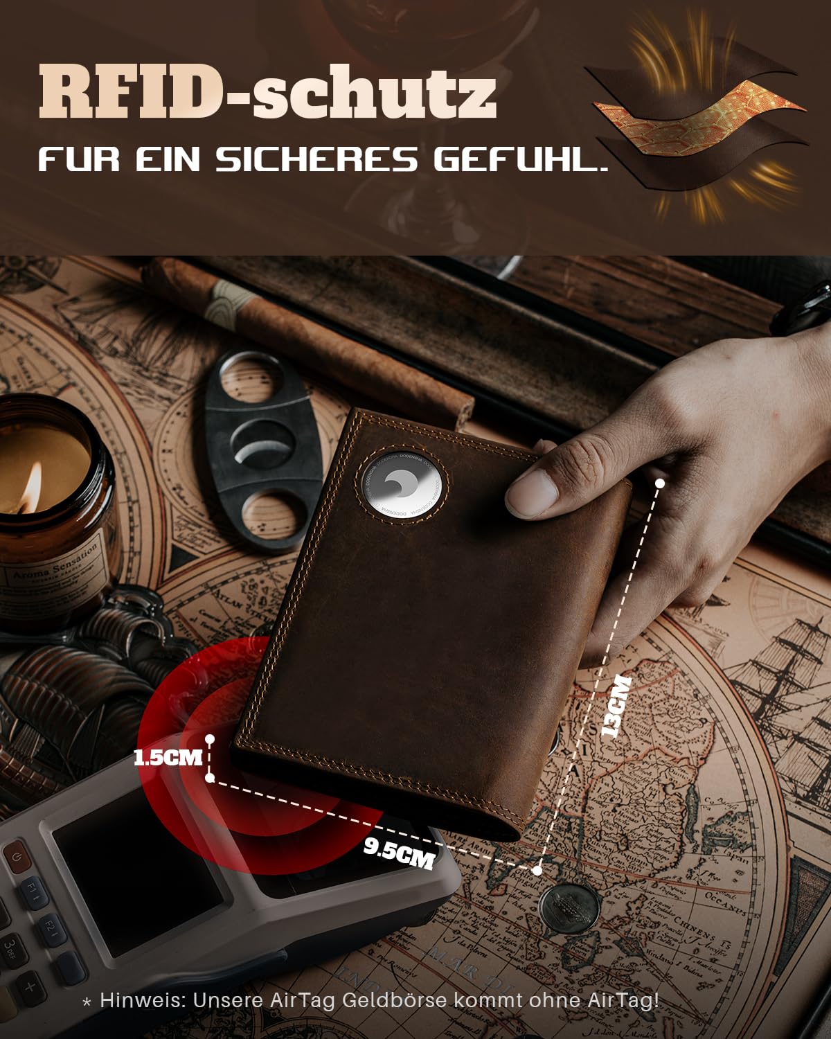 DODENSHA Portmonee Herren mit Airtag Fach und RFID Schutz | Geldbörse Herren aus 100% Echtleder mit XL Münzfach für 20 Münzen | Smart Wallet für 13 Karten in Geschenkbox (Dunkelbraun)