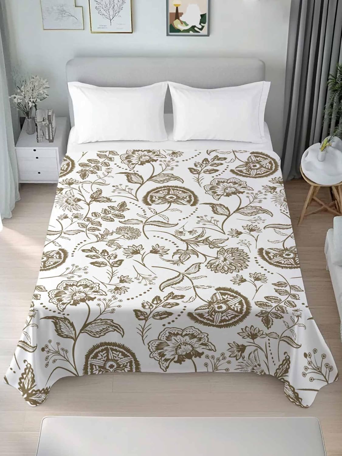 King Flat Sheet, Brown Farmhouse King Bed Sheets Only, Soft Microfiber Flat Sheet, Floral Floral Plant Leaf Vintage Spring Hotel Quality Bedding Top Sheet Bedroom Home Dorm Decor