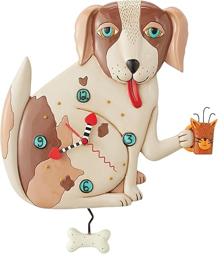 Enesco Allen Designs No Bones Dog Holding a Cat - Reloj de pared con péndulo esculpido, 12.6 pulgadas, multicolor
