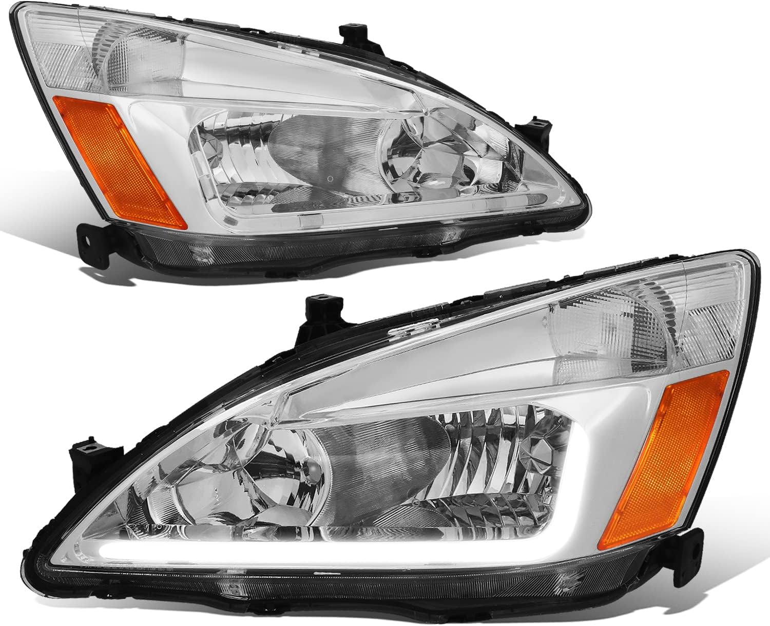 DNA MOTORING Pair Headlight Assembly Compatible with 03-07 Honda Accord, Chrome Housing Amber Corner,HL-LB-HA03-CH-AB