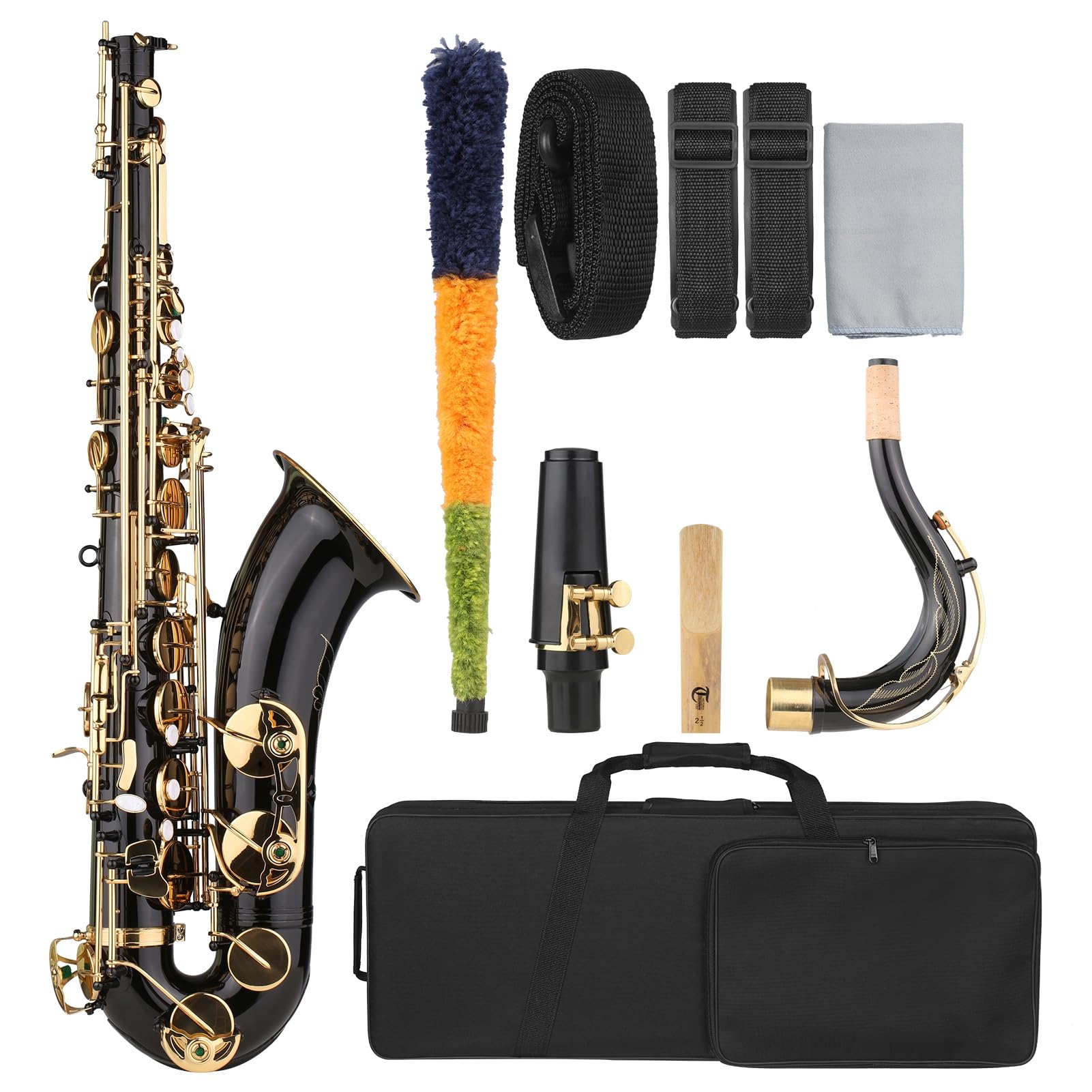 Saksofon Tenorowy Bb, Czarny Lakierowany Saksofon, Czarny Tenorowy Bb, Mosiądz z Grawerem Kwiatowym, Klawisze z Masy Perłowej, Twarde Etui, Akcesoria dla Muzyków,