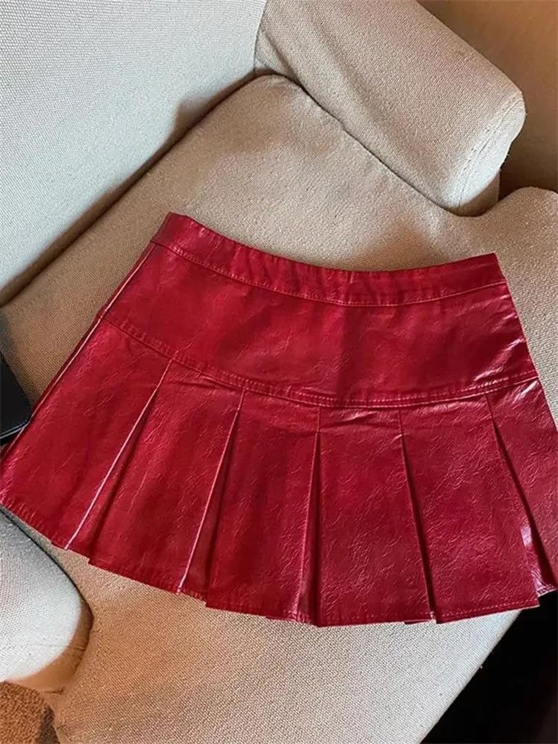 Kelsiop Minifalda plisada de piel sintética para mujer, color rojo y negro, cintura alta, estilo retro, gótico, punk