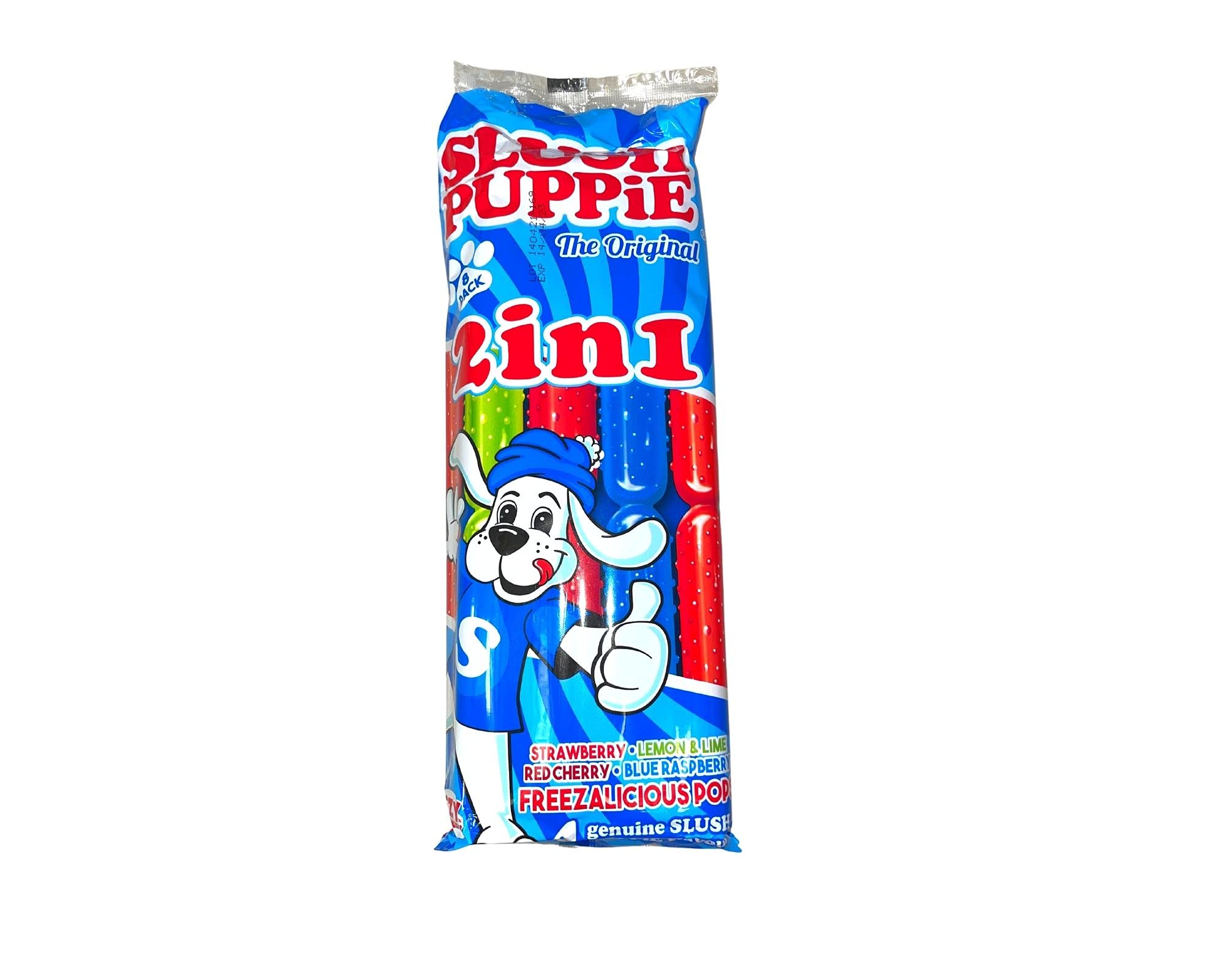 Slush Puppie The Original Squeezee Freeze Pops Ice Lolly Poles - 2 in 1 Red Cherry, Lemon &Lime, Strawberry And Blue Raspberry 8 x 75ml Pack - Vegetarian, Vegan And Gluten Free