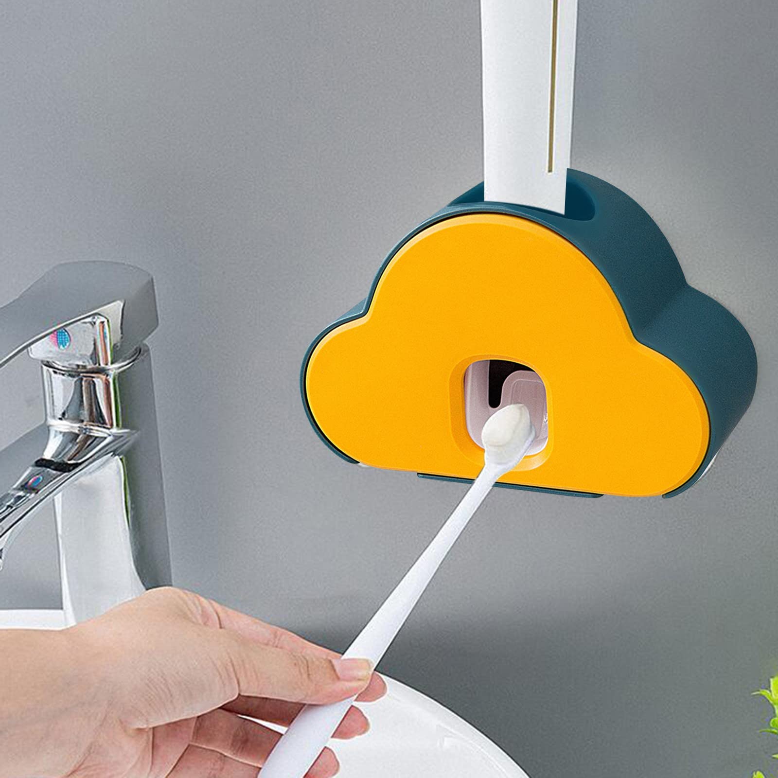 Automatic Toothpaste Dispenser Toothbrush Holder 2 in 1 Set,Cute Toothpaste Squeezer for Family Shower Washroom Bathroom (Yellow)