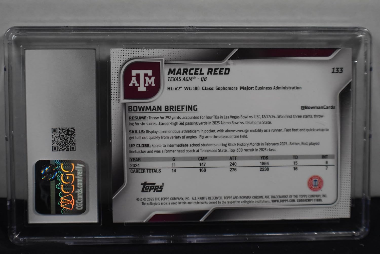 MARCEL REED 2025 Bowman Chrome University Football #133 FUCHSIA REFRACTOR PARALLEL Rookie Card RC #179 of only 225 Made! CGC Graded Mint 9 Texas A&M Aggies