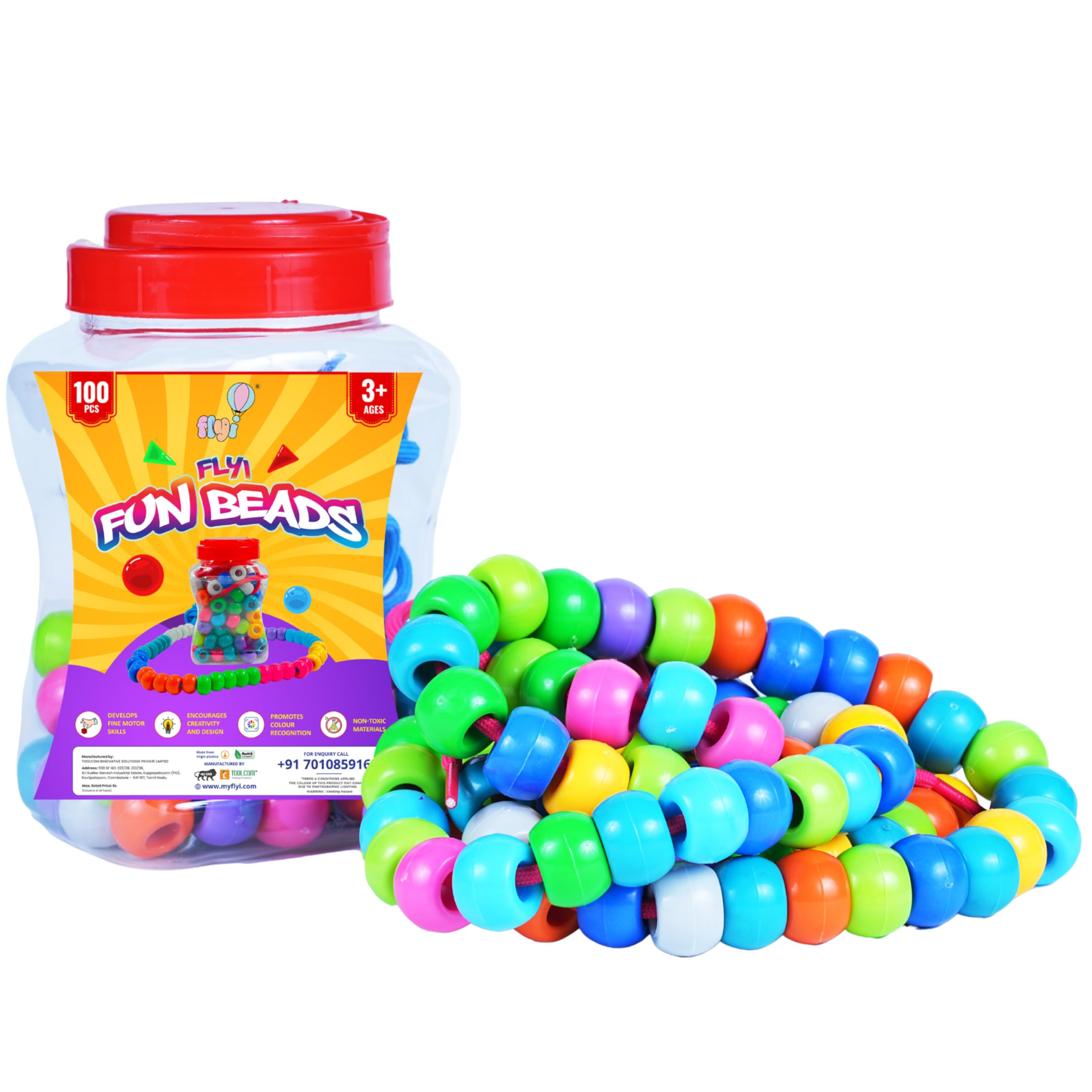 FLYI Fun Colorful Beads Toy Set for Kids, Creative Play, Age 3+, Lacing Activity - Counting Bead, Craft Activity, DIY, Math Learning Toy - Fun Game (100 Multicolour Beads)-image-41