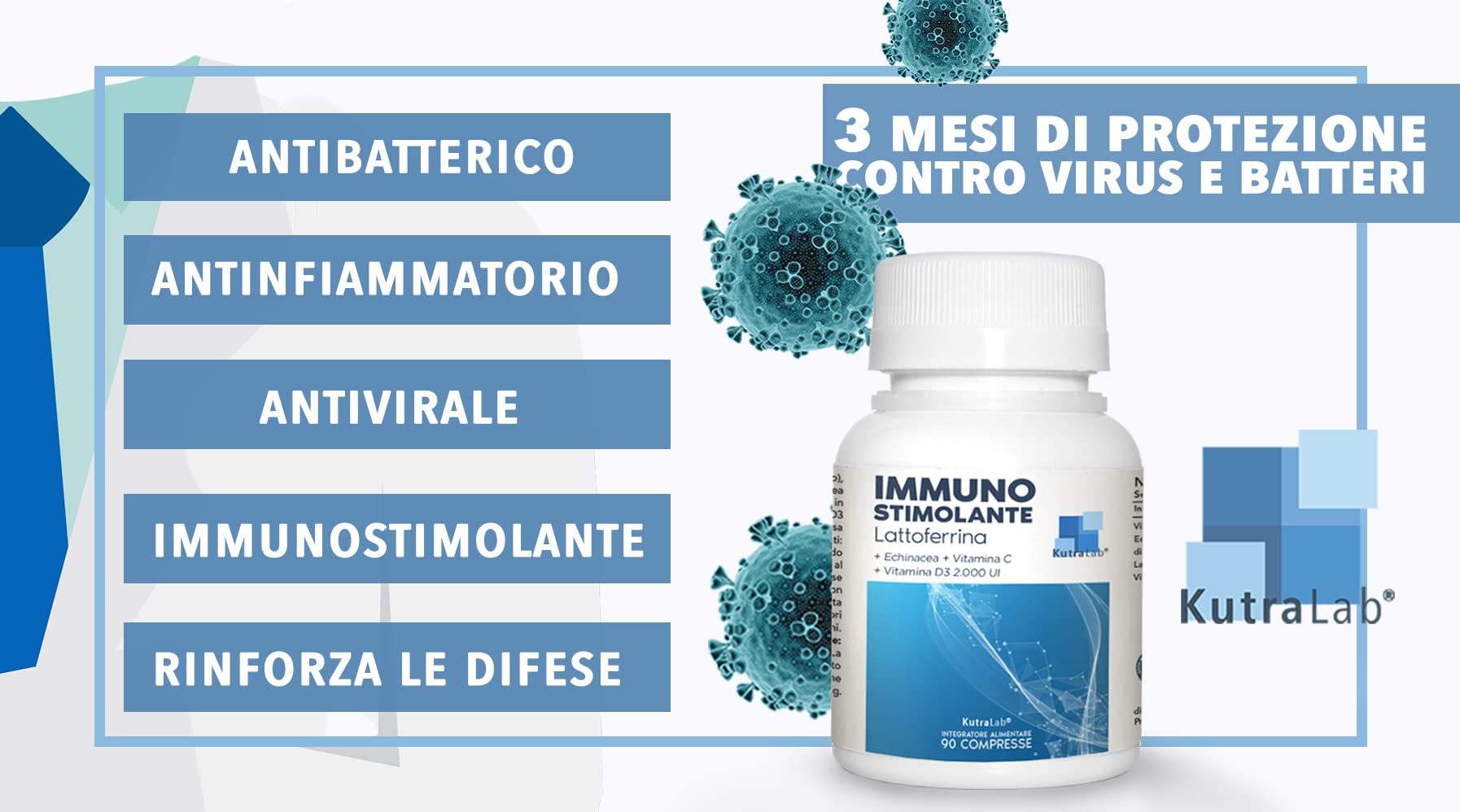 LATTOFERRINA Integratore Immunostimolante, 90 Compresse, Lattoferrina, Echinacea, Vitamina C, Vitamina D3 2.000 U.I., Fornitura 3 Mesi