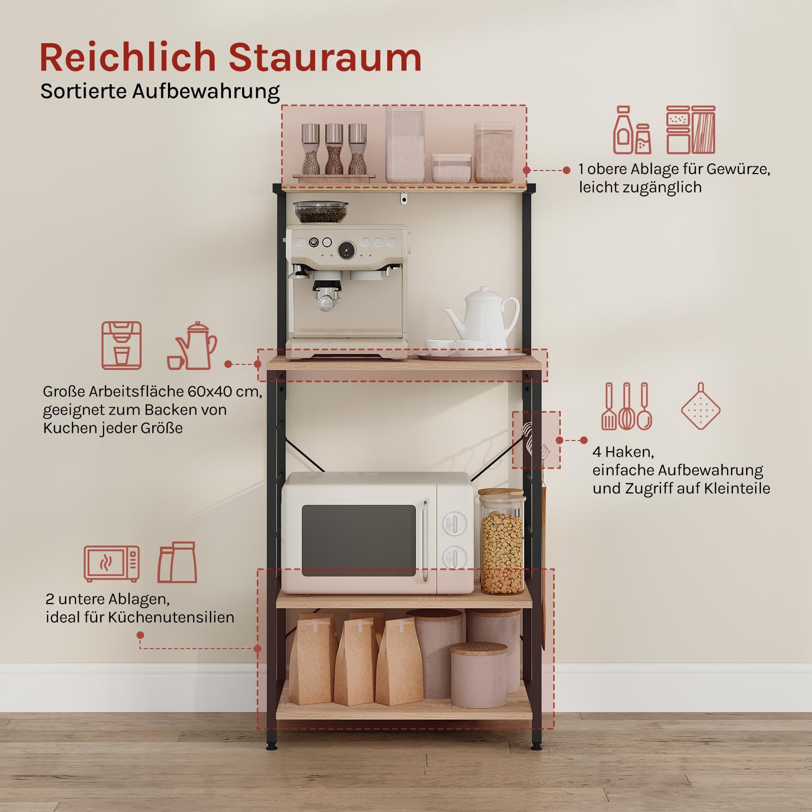 WOLTU Küchenregal Standregal, Mikrowellenhalter Bäcker Regal Haushaltsregal, Schwarz + Hell Eiche, 60 x 123 x 40 cm