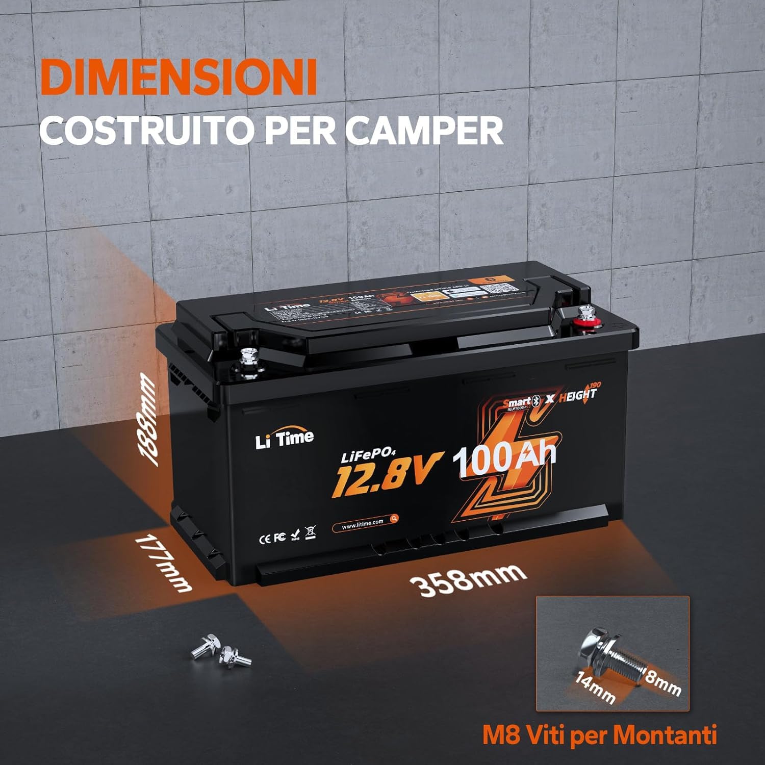 LiTime Batteria Litio 12V 100Ah H190, Intelligente e Bluetooth Batterie Lifepo4 con 100A BMS, Protezione dalle Basse Temperature, 4000+ Cicli, 20,48kWh, Dimensioni DIN H8 L5
