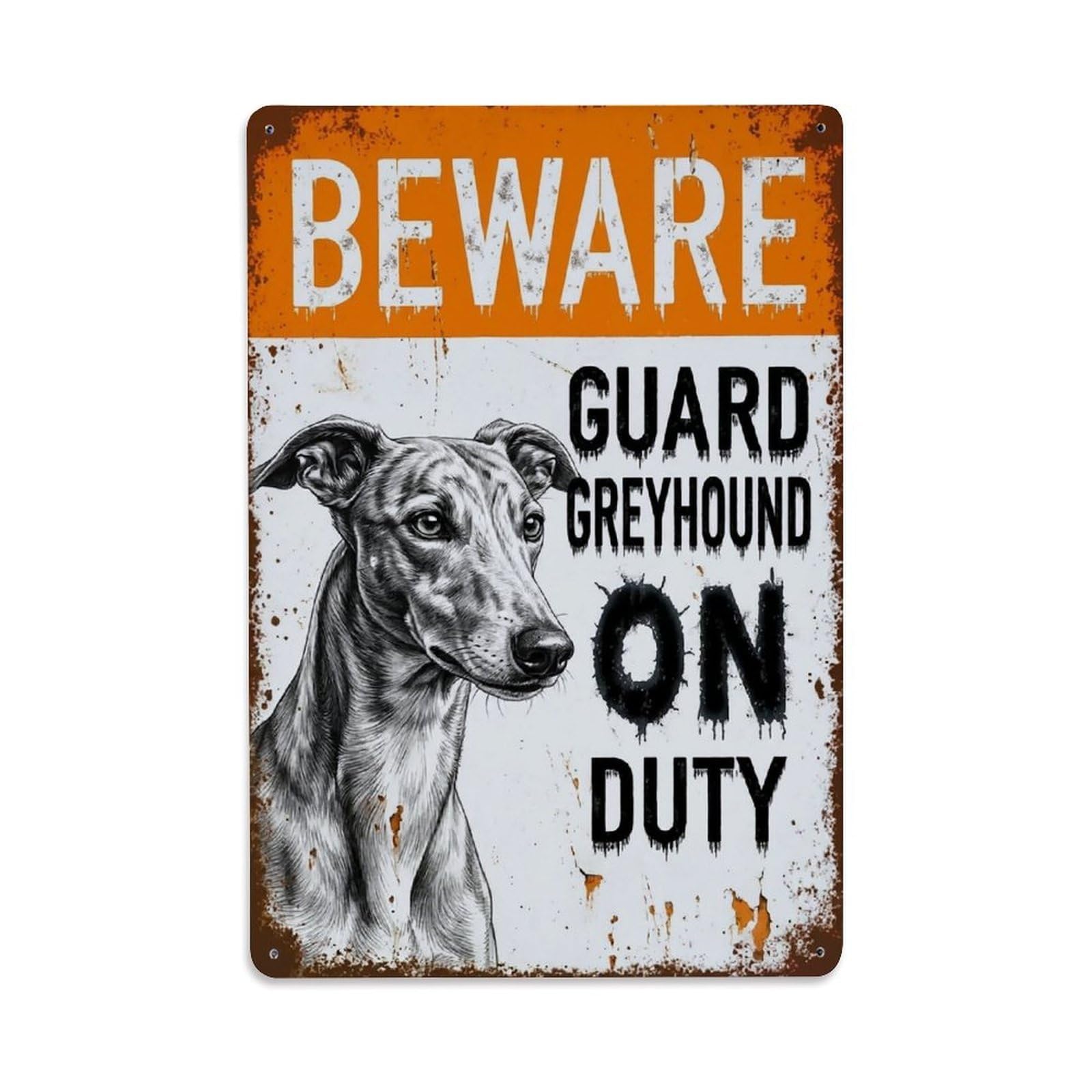 Vintage Funny Greyhound Guard Beware of Dog Terrace Metal Tin Sign Plaque Wall Decor for Cafe, Club Bar, Office, Garden Metal Poster 8x12Inch