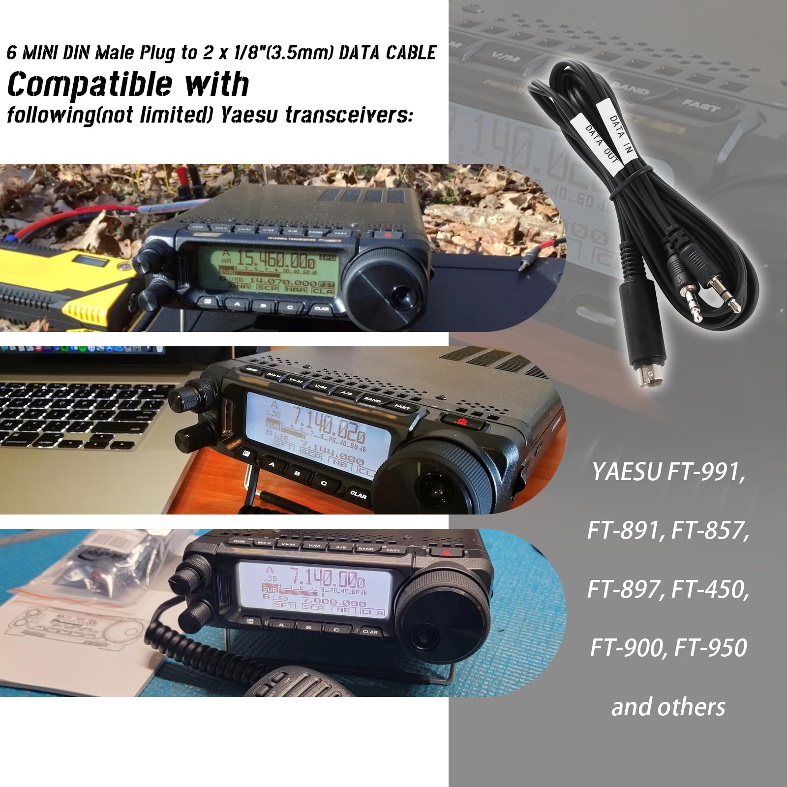 3-stopowy czarny mini DIN męski na 2 x 1/8" (3,5 mm) męski kabel audio/danych do YAESU FT-897, FT-857, FT-891, FT-991, FT-450, FT-900, FT-950 i innych