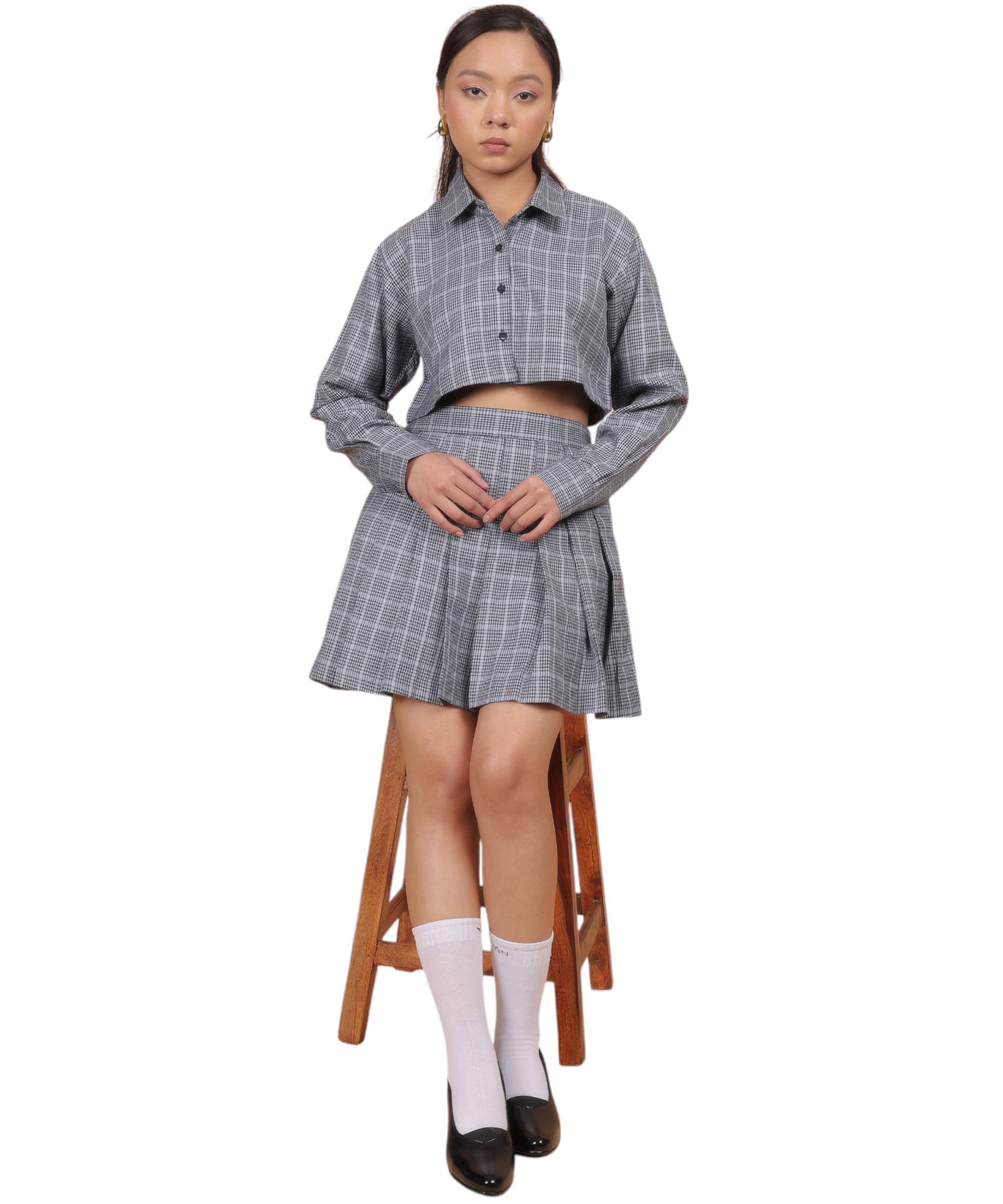 young now Korean Inspired Pleated Skirt With Shirt Co-ord Set (IN, Alpha, L, Grey)-picture-39
