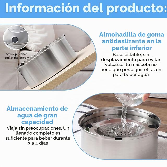 Foto 3 de 7 de Cuenco de agua para perro de 1 L, sin babeo, acero inoxidable, antigoteo, con base antideslizante