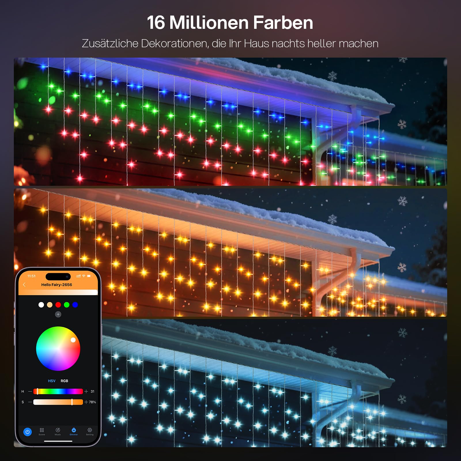 REYLAX 20M 598 LED Eisregen Lichterkette, RGB Color Chaning Lichterkette Außen, Smart Christmas lights, Intelligente Dynamische Deko, IP65 Wasserfest, Musiksynchronisierung, App Steuerung