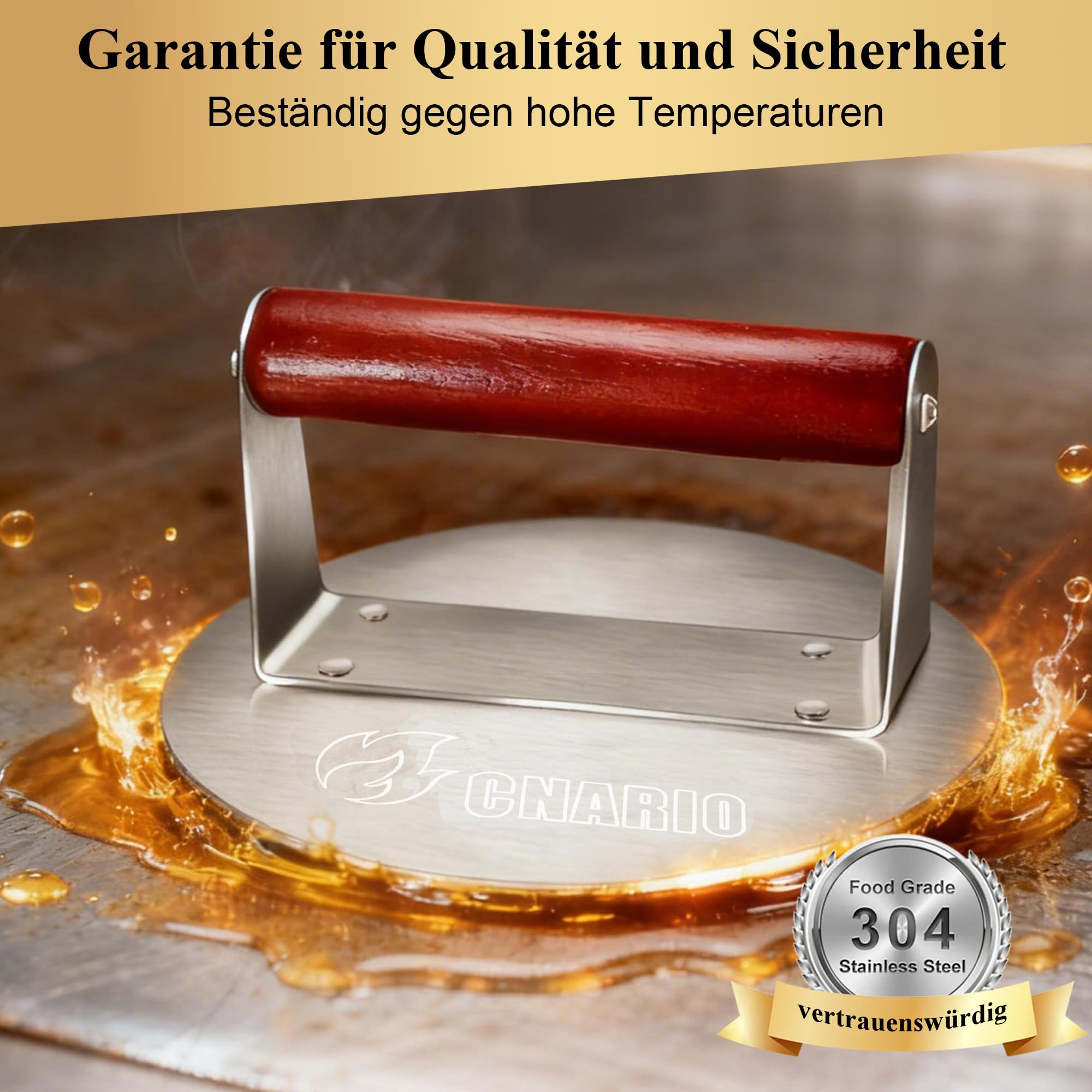 CNARIO Burgerpresse Edelstahl 16cm, Smash Burgerpresse mit Holzgriff | Burger Smasher, Hitzebeständig & Antihaft | Professionelle Patty Presse für Flat Top Grill, Grillplatte, BBQ | Leicht zu Reinigen