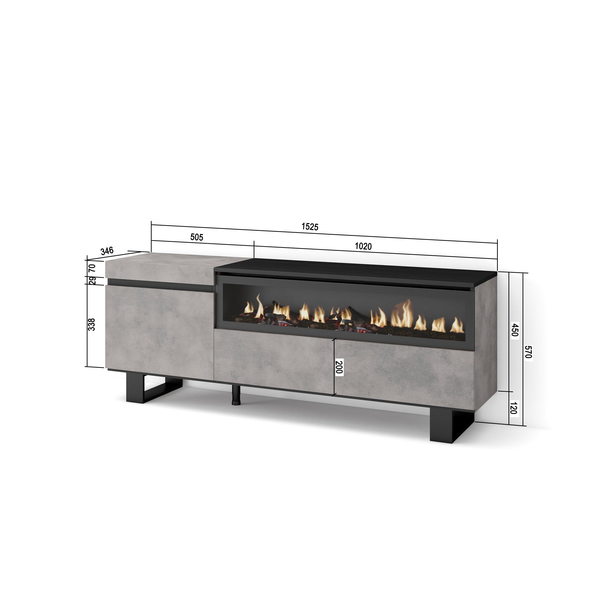 Skraut Home | Mobile TV Soggiorno | Ampio spazio a disposizione | 150x57x35cm | Per TV fino a 65" | Camino elettrico | Design industriale | Stile moderno | Cemento