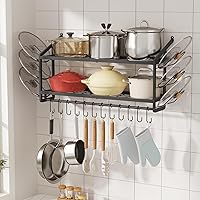 VOPEAK 30" Wall Mounted Pot Rack with 6 Lid Holders & 12 S-Hooks, 200lb Heavy Duty Black 2-Tier Organizer for Pots & Pans – Space Saving Kitchen Storage