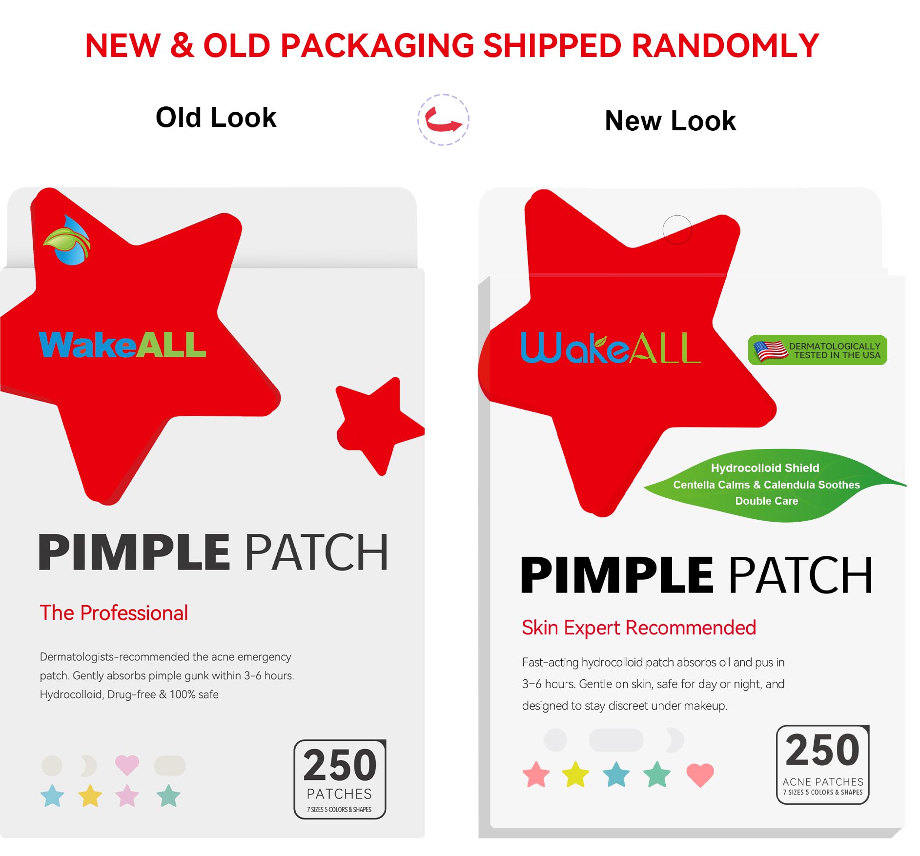 Patch Brufoli, Pimple Patch, 250 pezzi 7 misure, 5 forme e colori, Cerotti Brufoli Viso, Patch Brufoli Stelline, Hydrocolloid Acne Patch Vestibilità Precisa, Tea Tree, Acido Salicilico e Centella