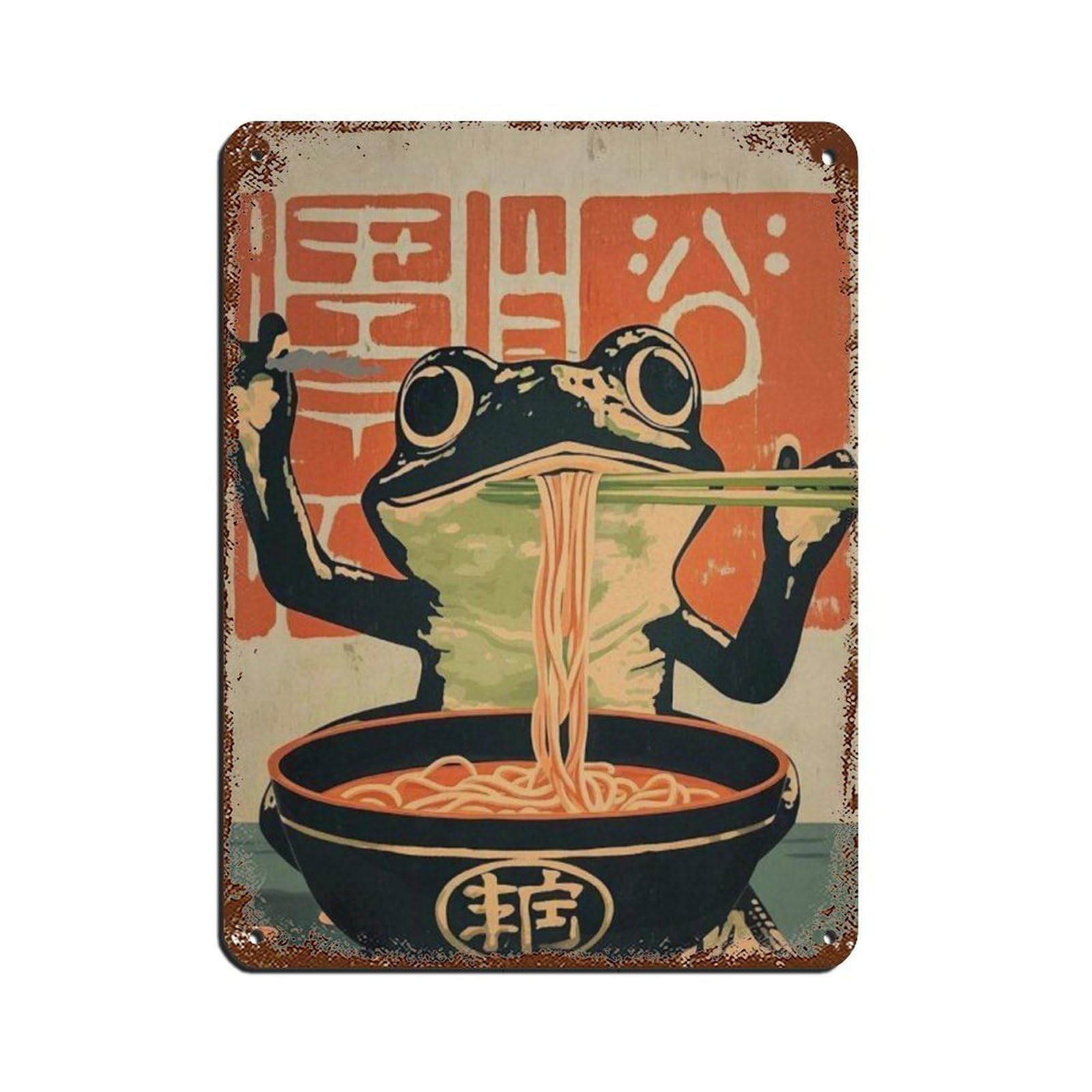 Lxwnze 30L X 40W Cm Frog Eating Ramen Poster, Retro Poster Metal Tin Sign Chic Art Retro Iron Painting Bar People Cave Cafe Family Garage Poster Wall Decoration 12X16inch(30X40cm)