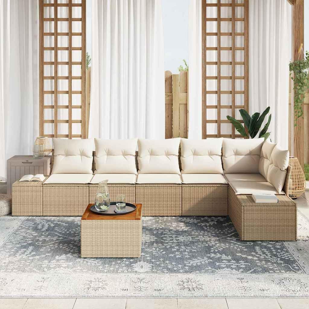 7-częściowy zestaw mebli ogrodowych, beżowy/biały, polirattan, drewno akacjowe, odporne na promieniowanie UV, modułowe meble outdoorowe na taras, balkon, patio, w zestawie miejsce do