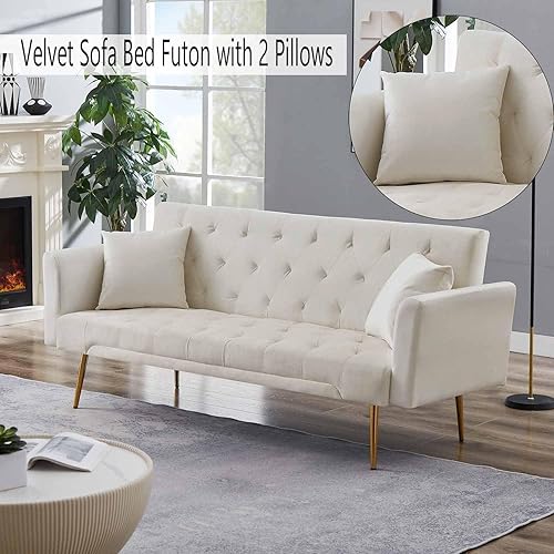 Miniatura 6 de Sofá cama futón de terciopelo con 2 almohadas, moderno sofá cama convertible reclinable, plegable tapizado, 3 ángulos ajustables, asiento de espuma