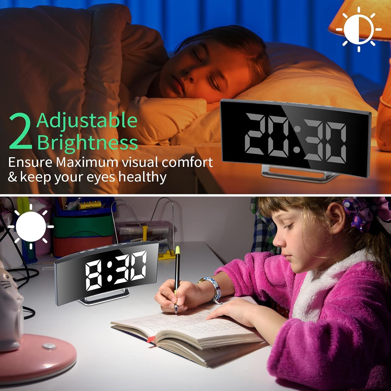QIMIT Plastic Digital Alarm Clock,7 Inch Led Mirror Screen Alarm Clock On Bed,Snooze Mode,2 Brightnesses,Alarm Clock for Bedroom,Kitchen,Office,USB Charging and Battery Power (1,Multi) 2