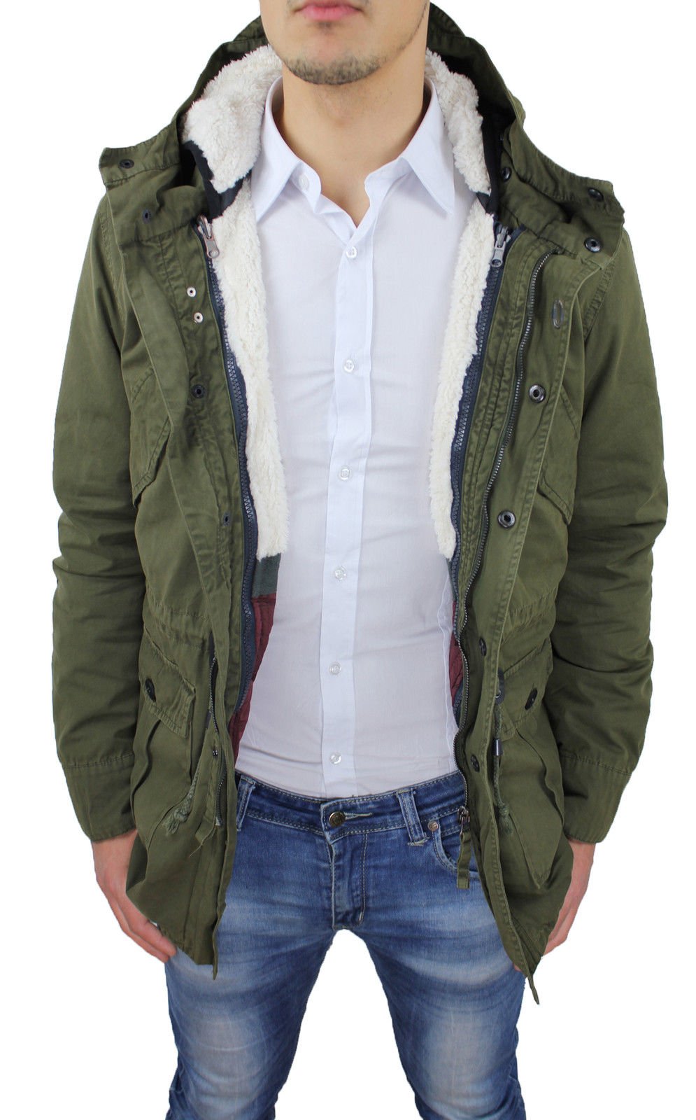 Giaccone Uomo Parka Verde Militare Casual Invernale Giacca Cappotto con Pelliccia Interna