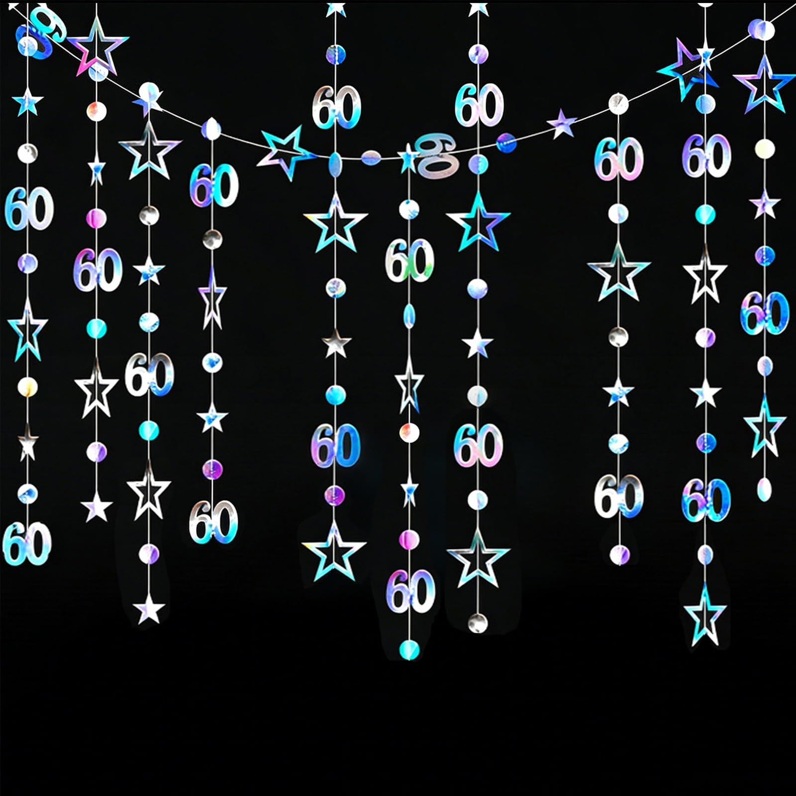 GAKA FAVOR Iridescent 60th Birthday Decorations for Her and Him Number 60 Circle dots Star Garland Banner Streamer for 60th Birthday and Anniversary Decor(40ft)