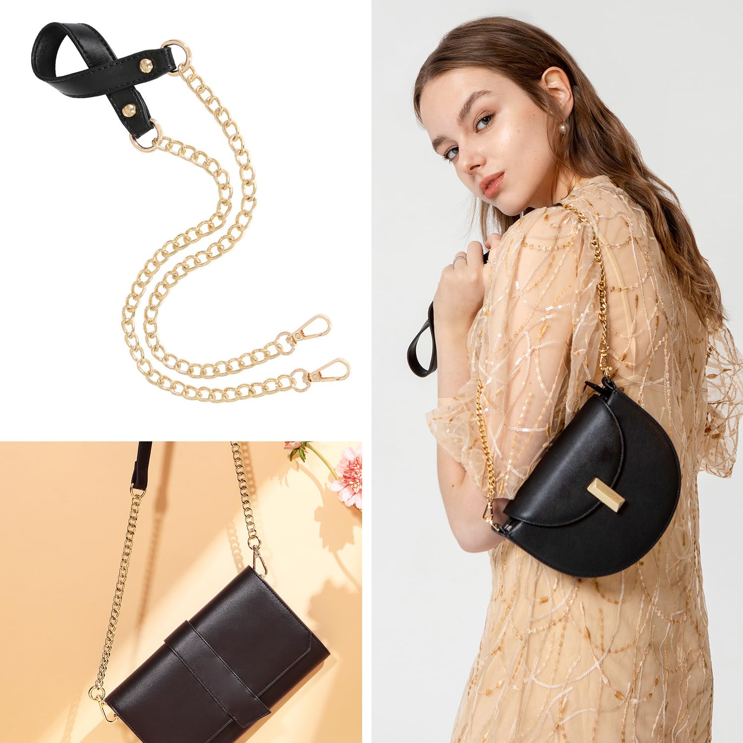Asaisimg 3 Pcs Women Purse Chain Strap, Long Leather Metal Chain Straps - Image 4