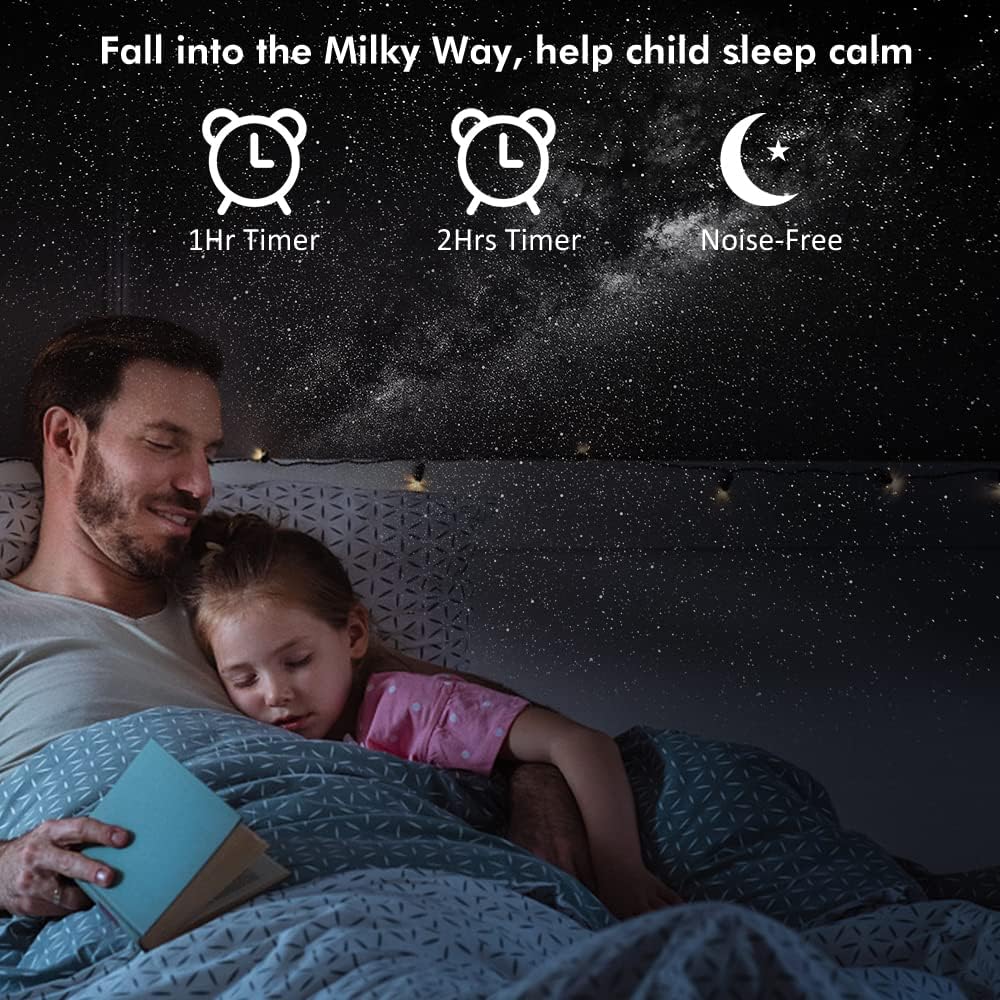 Father and child sleeping under a starry projection, with icons for 1hr timer, 2hrs timer, and noise-free operation