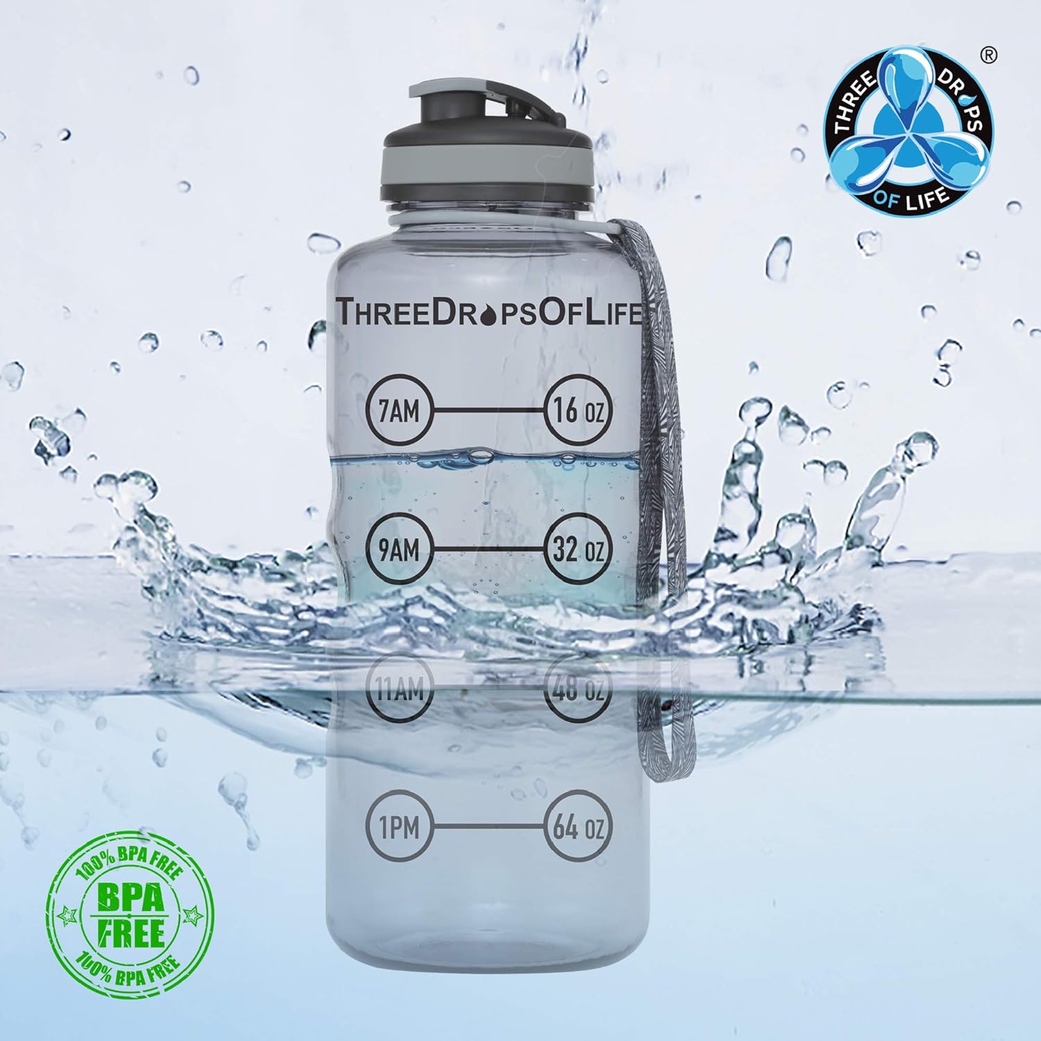 64oz Tritan Plastic Water Bottle, Large, Smoke Gray, High Capacity Hydration Tracker, BPA Free, Reusable, Best for Indoor, Outdoor, Sports Use