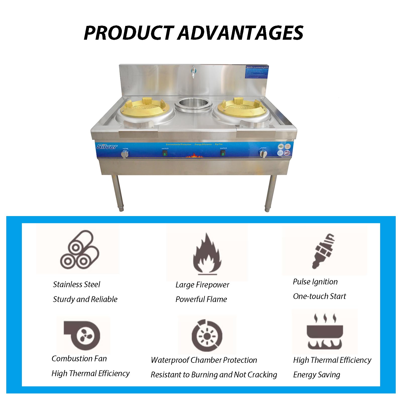 EQCOTWEA Commercial Gas Stove Burner Gas Cooking Range Natural LPG Stove 2 Burner 12.2'' Cooking Fire Stove Stainless Steel Gas Energy-Saving Fierce Fire Stove Kitchen Gas Cooker 110V