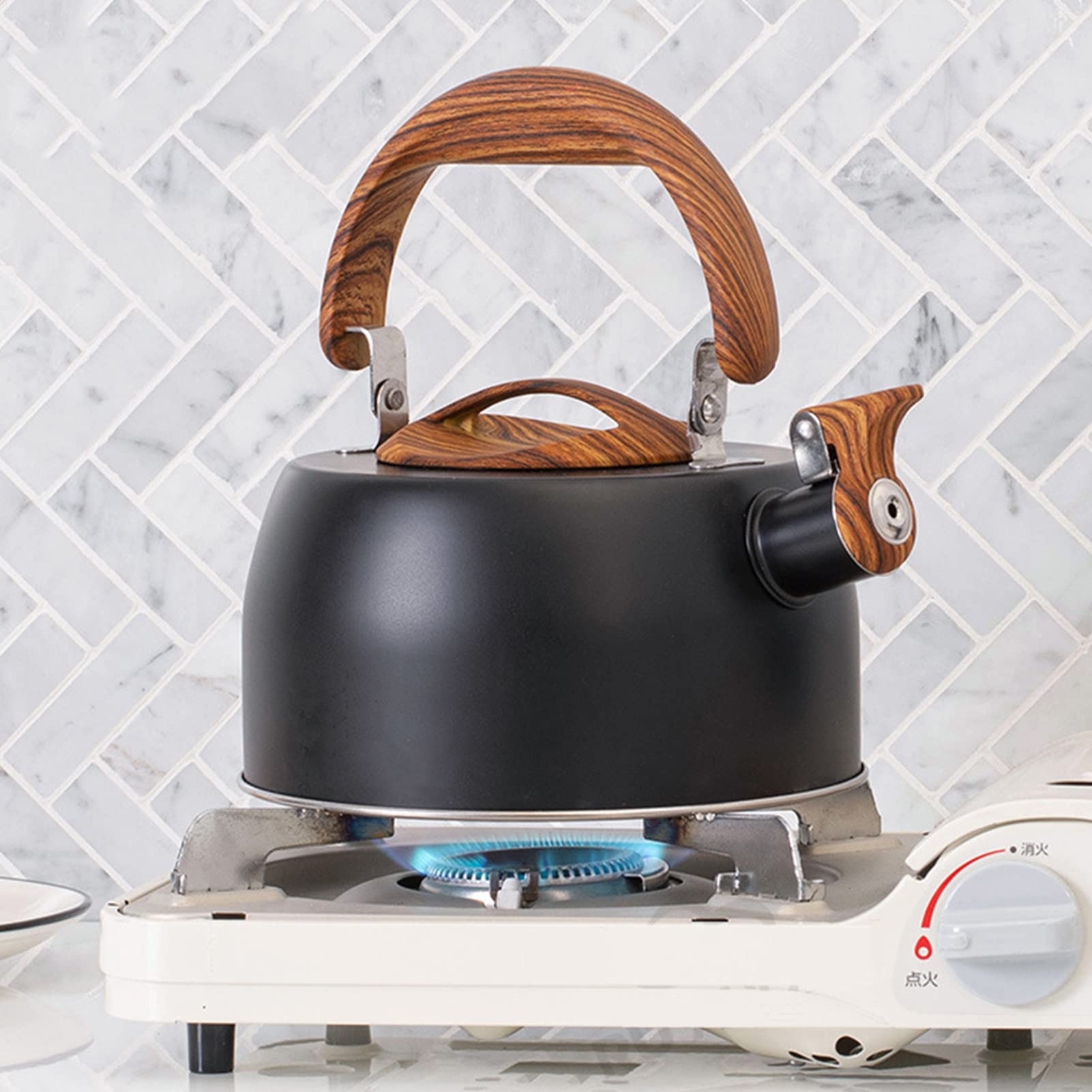 Hervidor de cocina,hervidor silbante, For todas las placas/estufas, gas, inducción, acero inoxidable de grado alimenticio, fondo compuesto de tres capas engrosado de alta capacidad, adecuado, negro (2