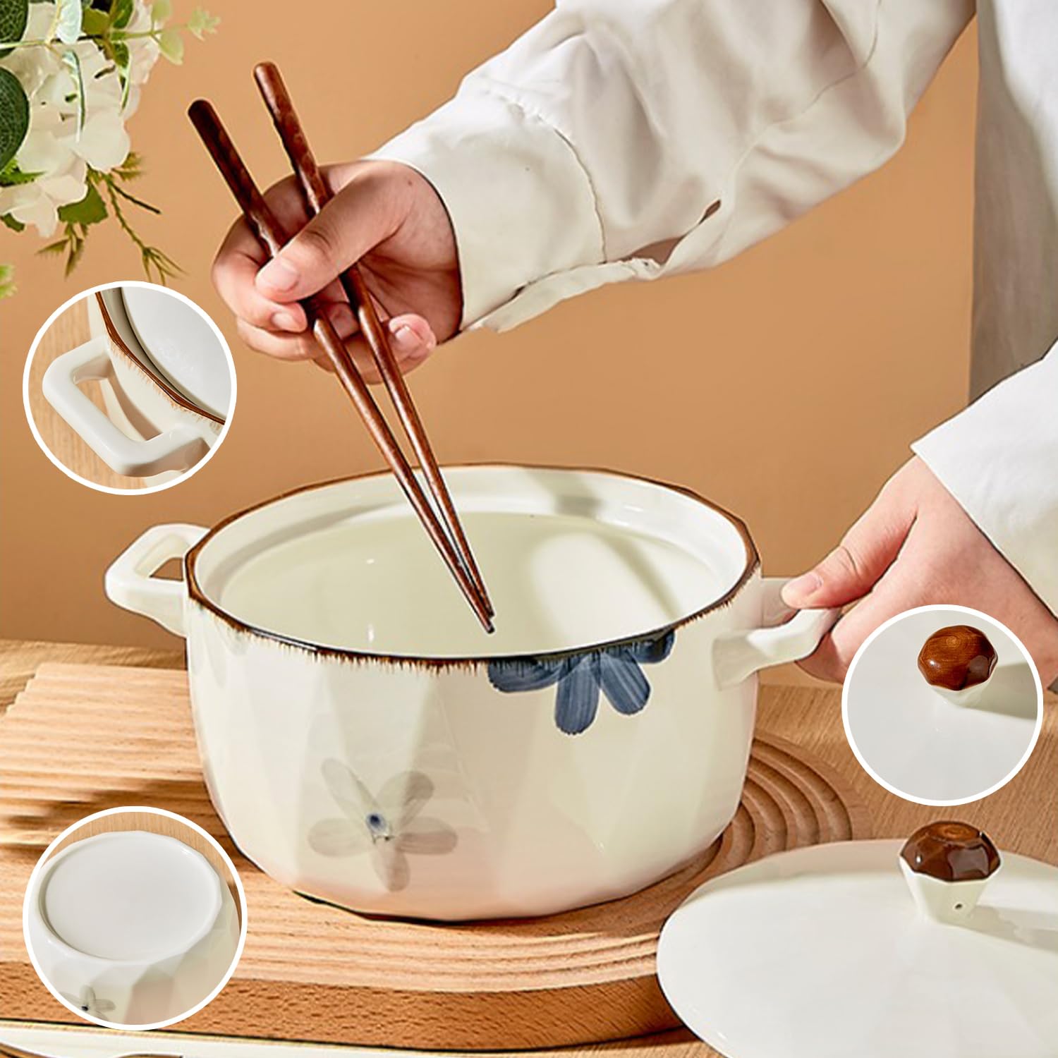 Suppenschüssel mit Deckel, große Ramenschüssel, Keramik, Instant-Nudelschüssel, mikrowellengeeignet, große Suppentasse (weiße Blume, 1600 ml)