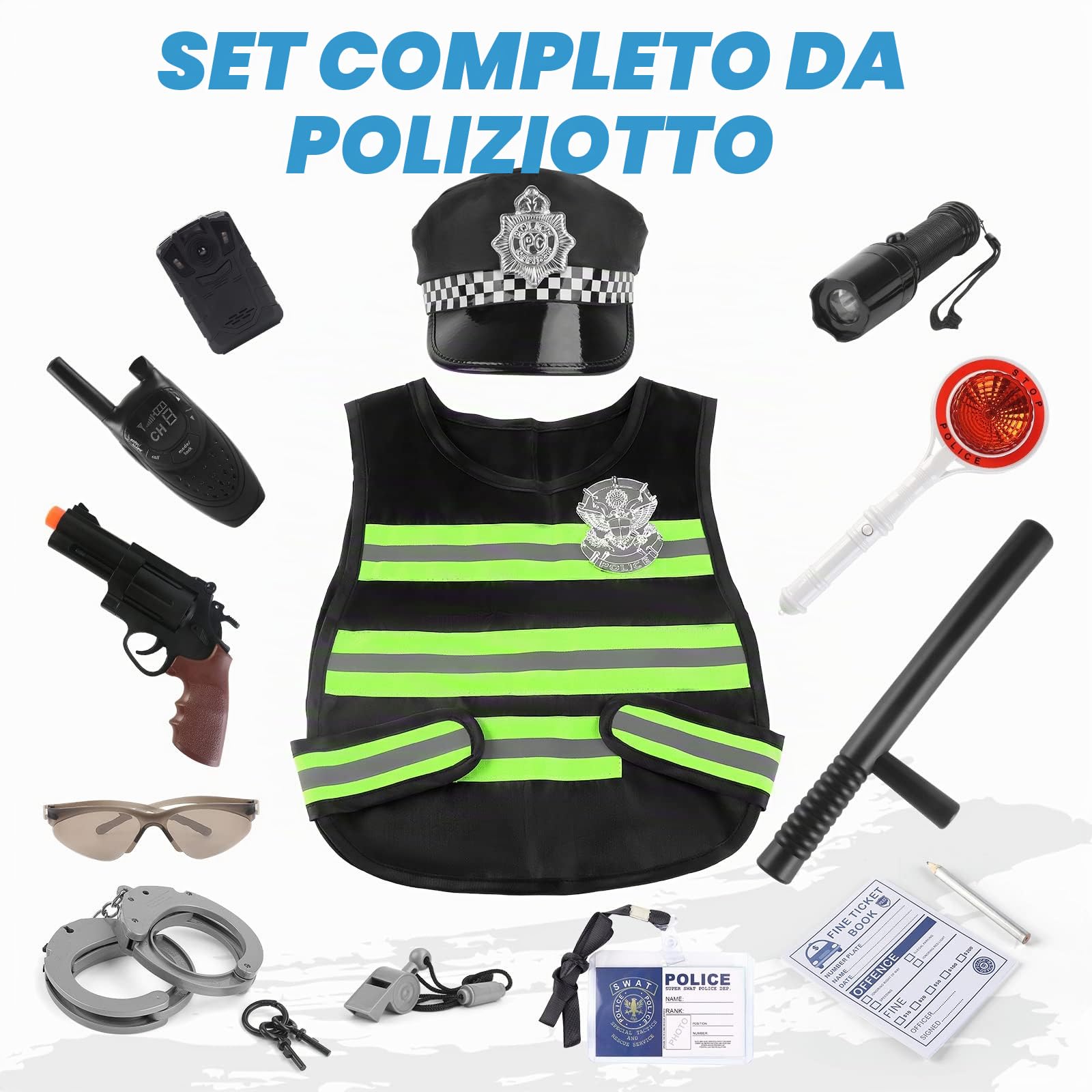 deAO Costume Poliziotto Bambino, 14PCS Accessori Polizia per Bambini | Giocattolo Attrezzatura della Polizia, Gilet Occhiali da Sole, Walkie Talkie Giocattolo Gioco di Ruolo per Halloween 6+anni