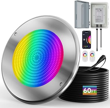 60W 10 Inch Smart LED Pool Lights - WiFi APP/Remote/Controller Control, Multicolor Changing Underwater Lighting for Inground Pools, Large 10" Wet Niches Compatible - 60Ft
