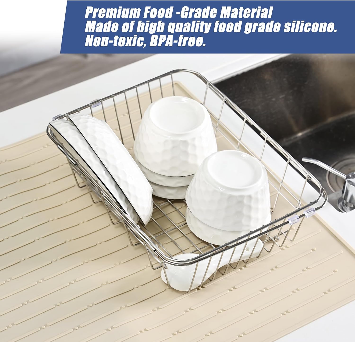 Silicone Dish Drying Mat 20" x 28", Non-Slip Easy Clean Sink Mat Large Heat-Resistant Dish Drainer Mat for Kitchen Counter, Sink, Refrigerator or Drawer Liner