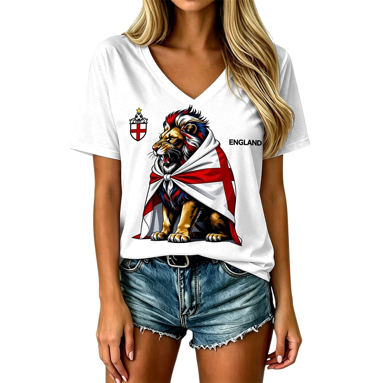 HOOUDO Womens England Football Shirt World Cup 2026 Short Sleeve Jersey Retro Graphic Printed V Neck Training Tops Breathable Lightweight Ladies Soccer T-Shirt Athletic Shirts