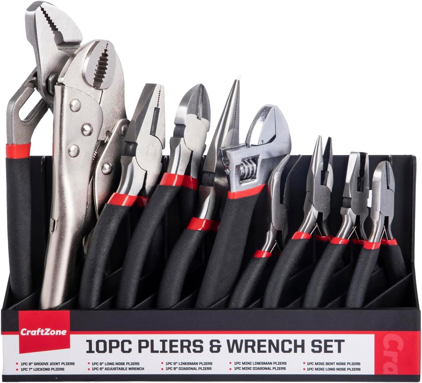 CraftZone 10PC Pliers&Wrench Set, Includes Locking Pliers,Long Nose