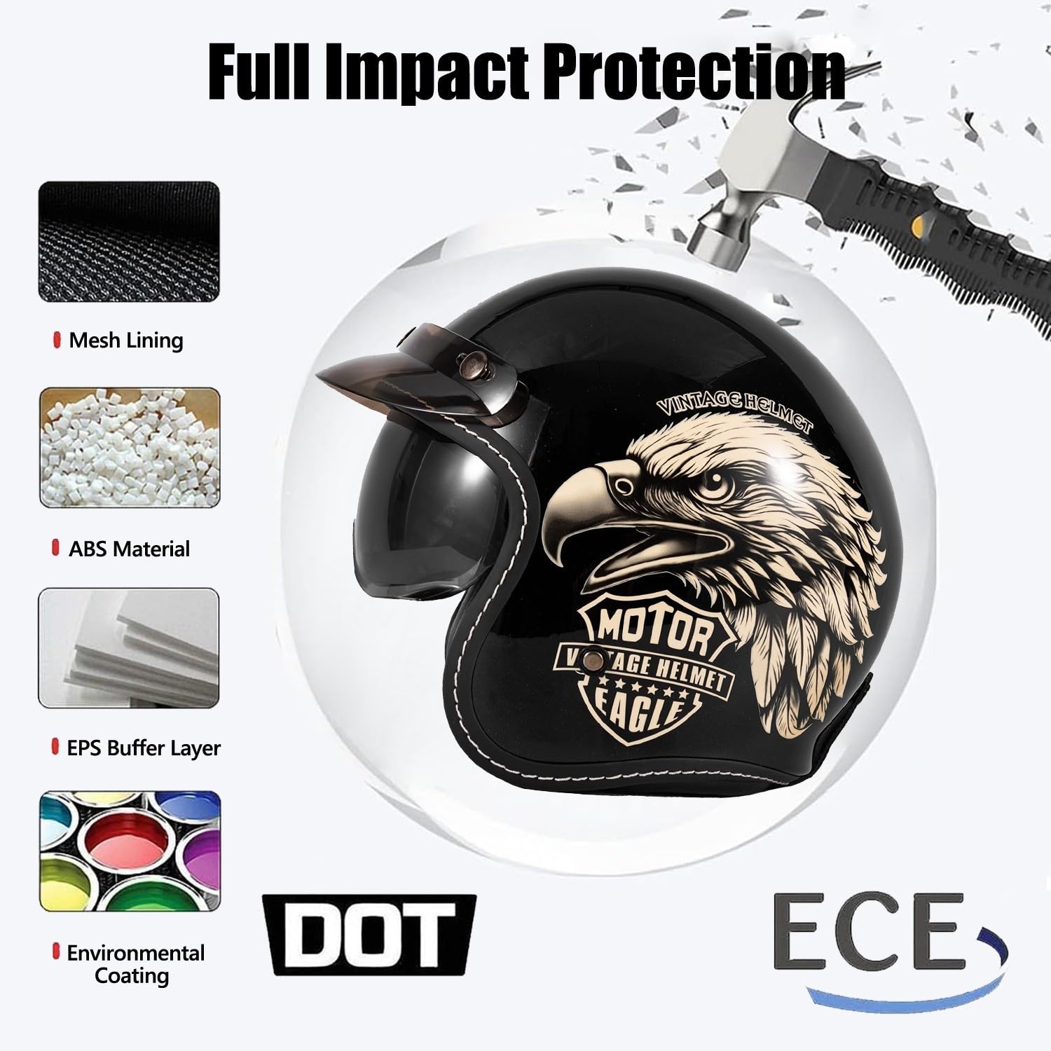 Casque Jet Moto Vintage Homologué ECEDOT Casque Moto Jet Ouvert Rétro pour Adultes Homme Et Femme Casques Mobylette 3/4 Demi Casques Vélo Scooter Chopper avec Visière
