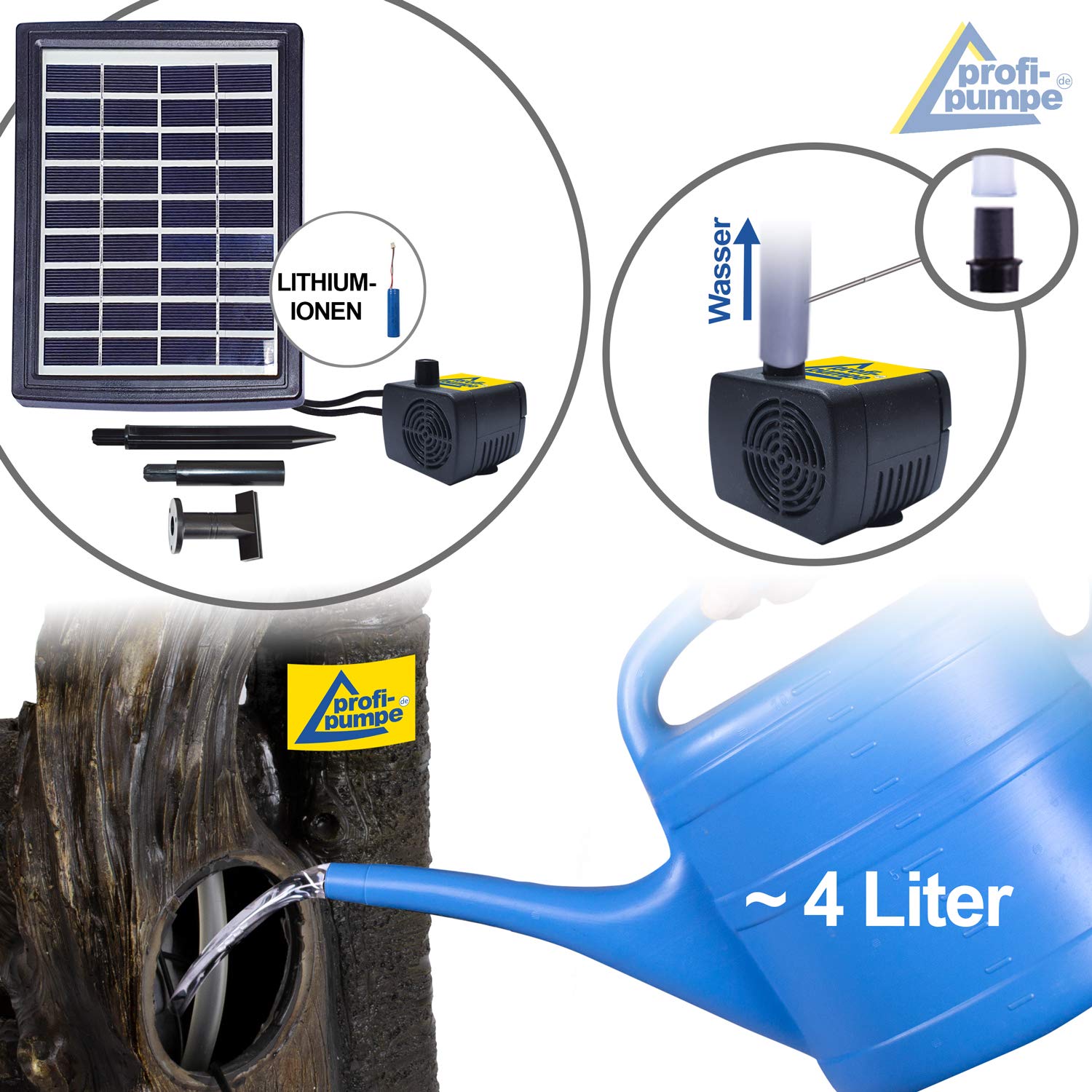 Solar Gartenbrunnen Zierbrunnen Wasserfall mit Li-Ion-Akku & LED-Licht BAUMSTUMPF STEINSCHALEN