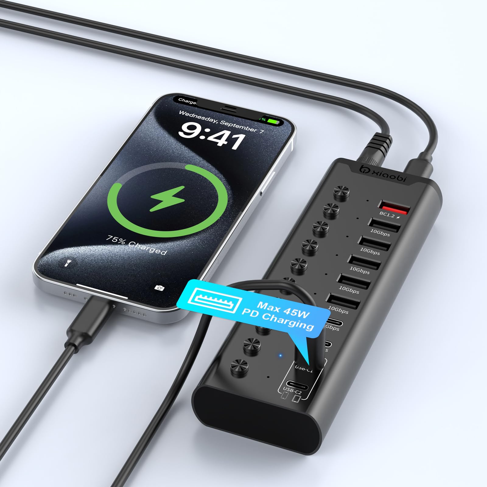 Aktiver USB-Hub, 10-Port USB-C-Hub mit 5X USB-A 3.2 und 2X USB-C 3.2, BC1.2 & 2X PD 45W Ladeports, Einzelschalter, 24V/3A Netzteil, USB-Erweiterung für PC UVM. (Schwarz).