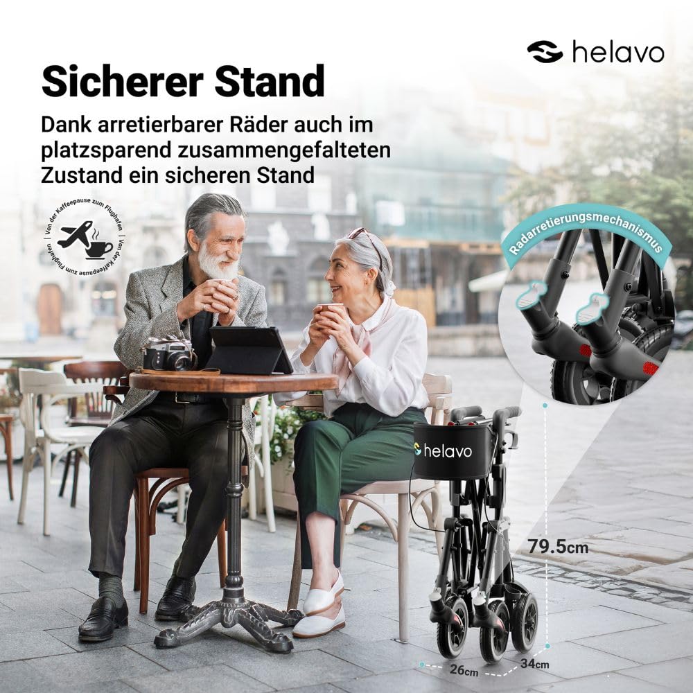 Helavo leichter Reiserollator mit Sitz & platzsparendem Klappmechanismus | Einfacher Transport dank ultrakompakter, doppelter Faltfunktion - Inkl Transportrucksack - Vollständig Aufgebaut - Nur 8,5 kg