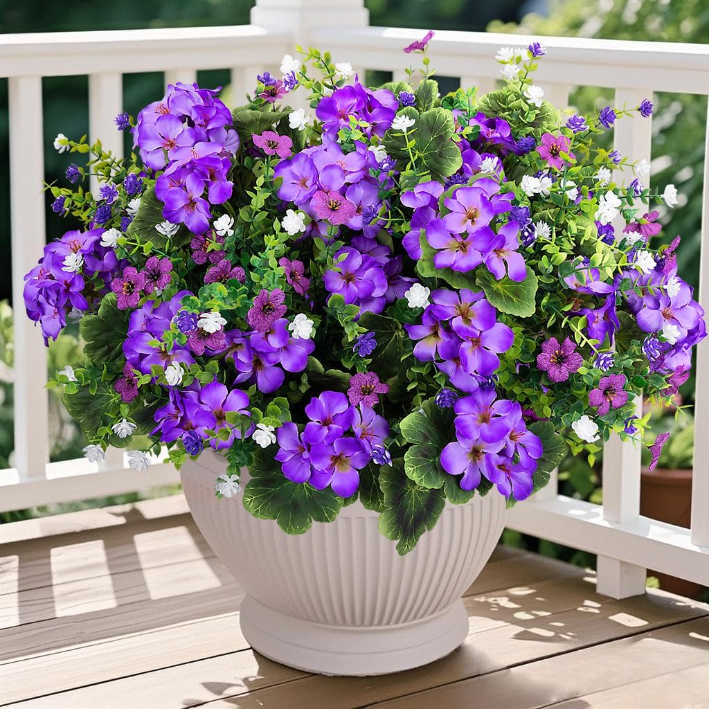 Ouddy Decor 18'' Artificial Geraniums Flowers for Outdoors, 10 Bundles Mixed Fake Silk Flowers Plastic Plants UV Resistant for Summer Garden Porch Patio Planter Kitchen Table Home Decor, Purple