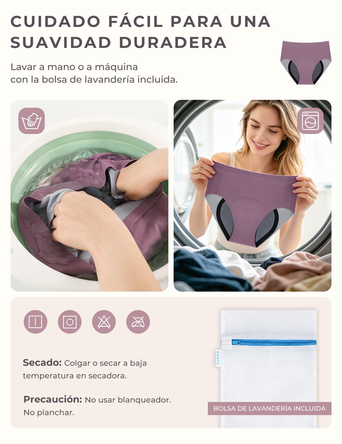 Carer 3 unidades Bragas para Incontinencia Mujer – 100 ml Almohadilla Absorbente y Ropa Interior Reutilizable para Pérdidas Ocasionales de Orina y Protección Menstrual Nocturna, Talla M